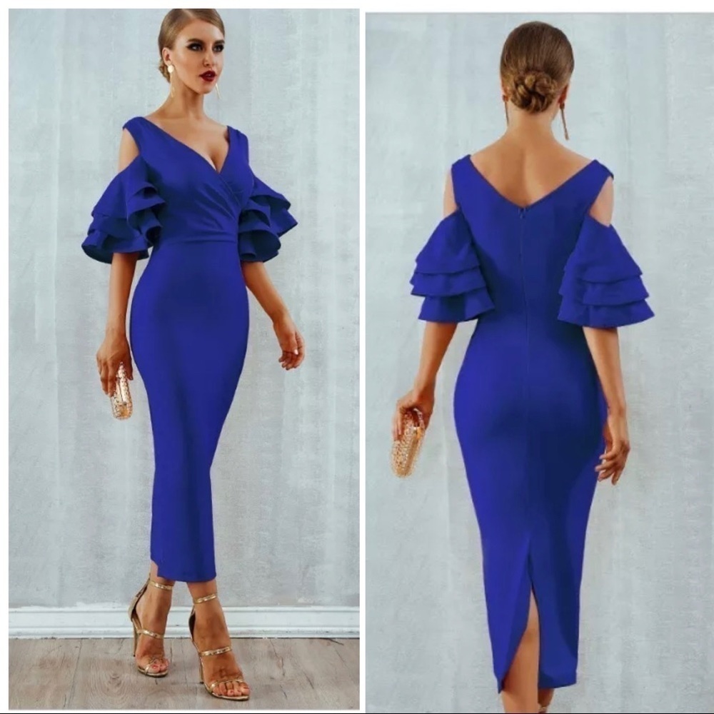 Bodycon Club Dress Sexy Deep V Neck Ruffles Butterfly Short Sleeve Midi